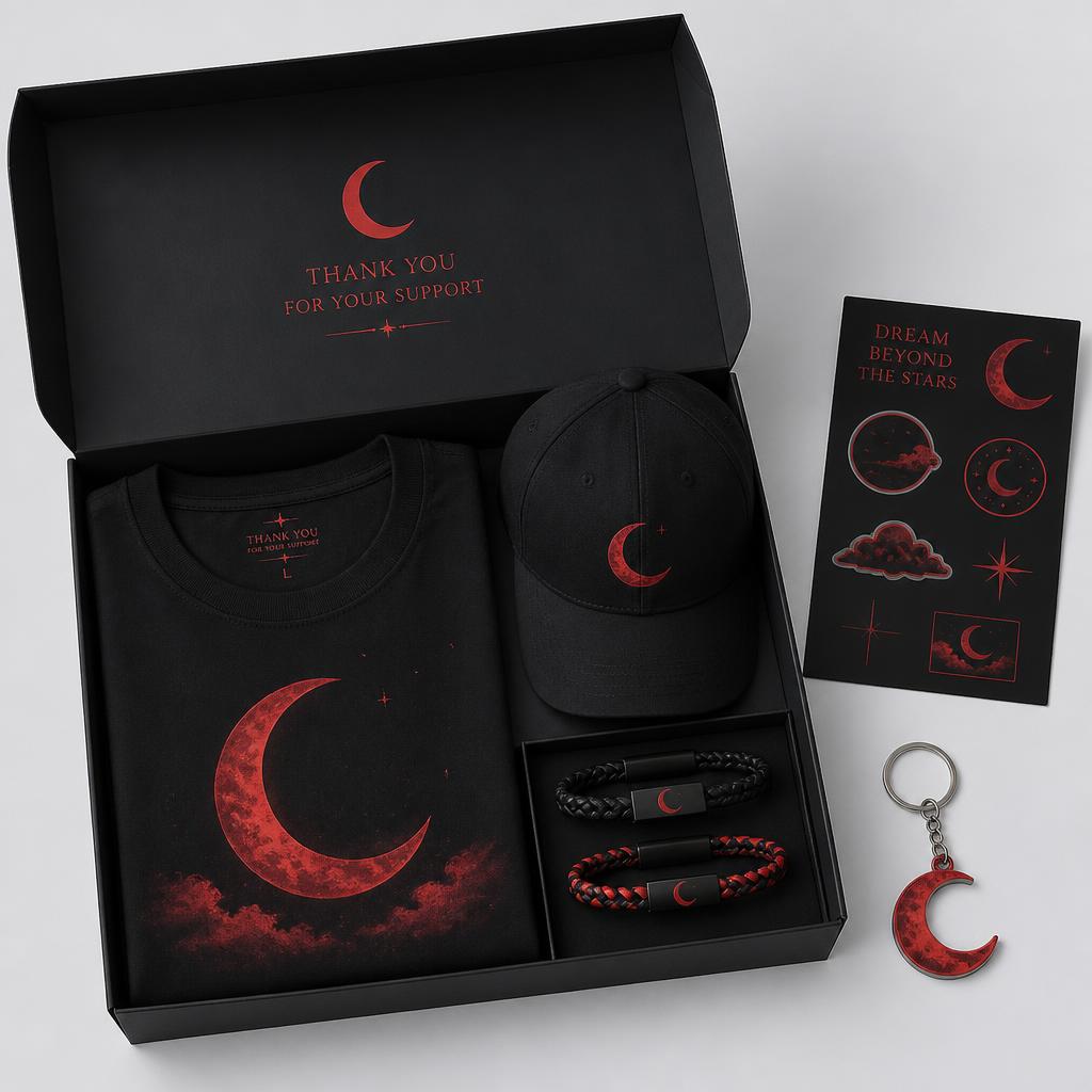 Kit Fã oficial do Gio Lisboa com camiseta, boné, pulseiras, stickers e chaveiro lua